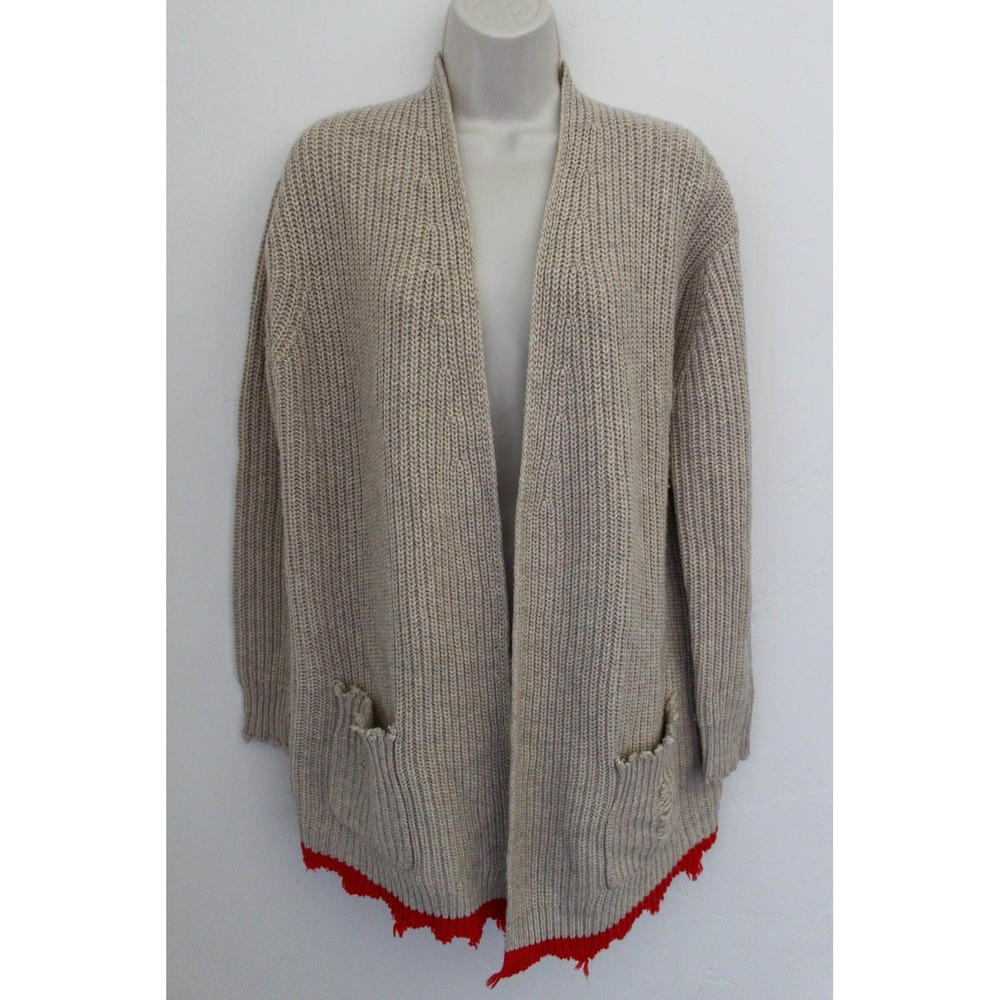 Zadig & Voltaire Cardigan Sweater XS Beige Red Open Front Wool Yak Blend Relaxed